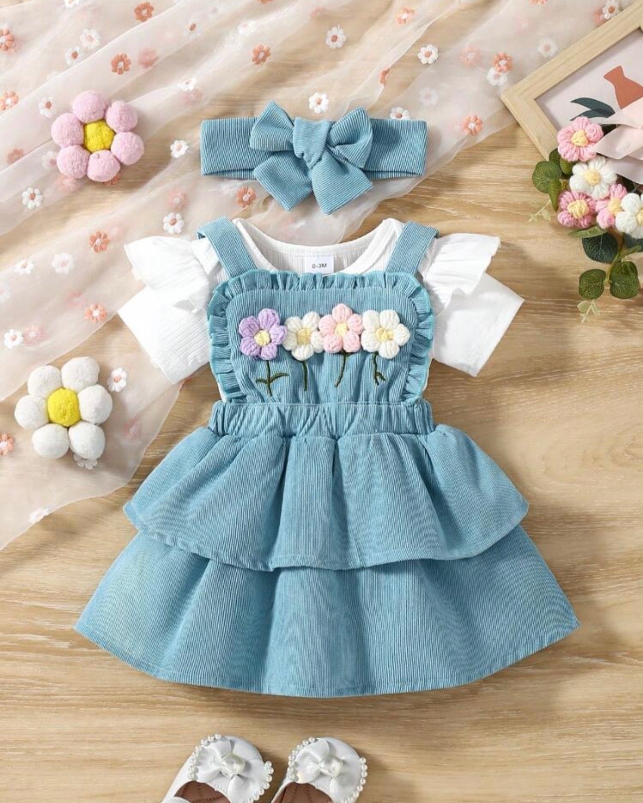 3pcs Baby Girls Set: Cap Sleeve Romper + Blue Floral Embroidered Ruffle Dress + Headband