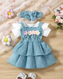 3pcs Baby Girls Set: Cap Sleeve Romper + Blue Floral Embroidered Ruffle Dress + Headband