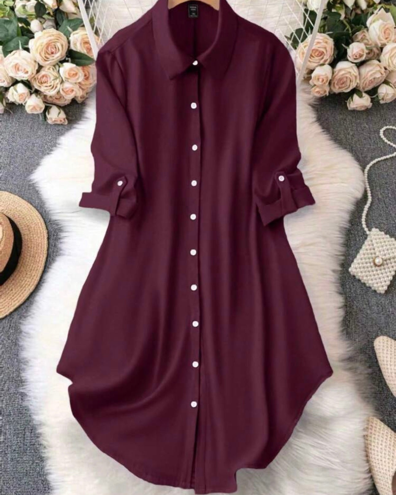 Women's Casual Everyday Loose Meroon Color Shirt Dress