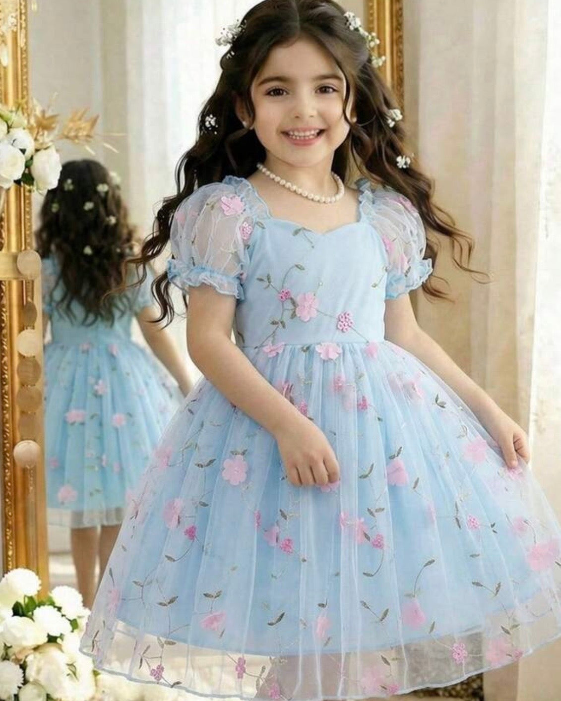 Sky Blue Puff Sleeve Formal Party Tulle Dress with Cinched Waist