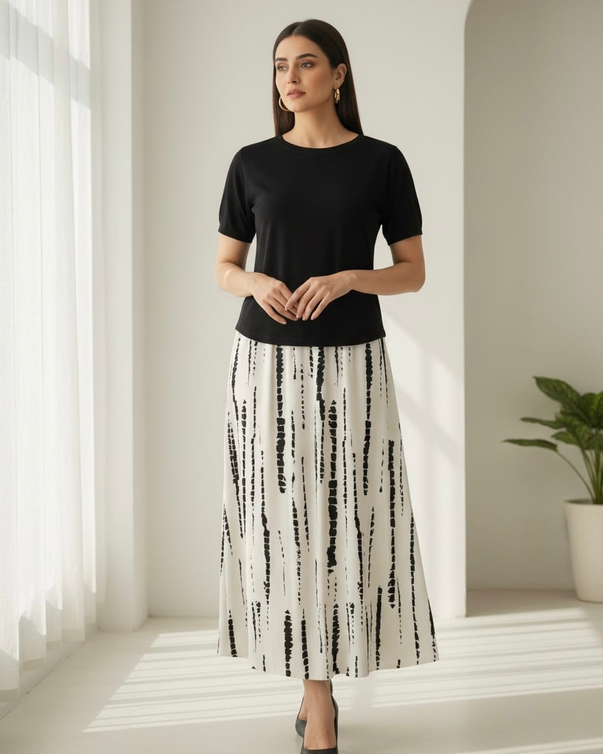 2pcs/Set Women's Casual Black Top + Tie-Dye Printed Skirt Set