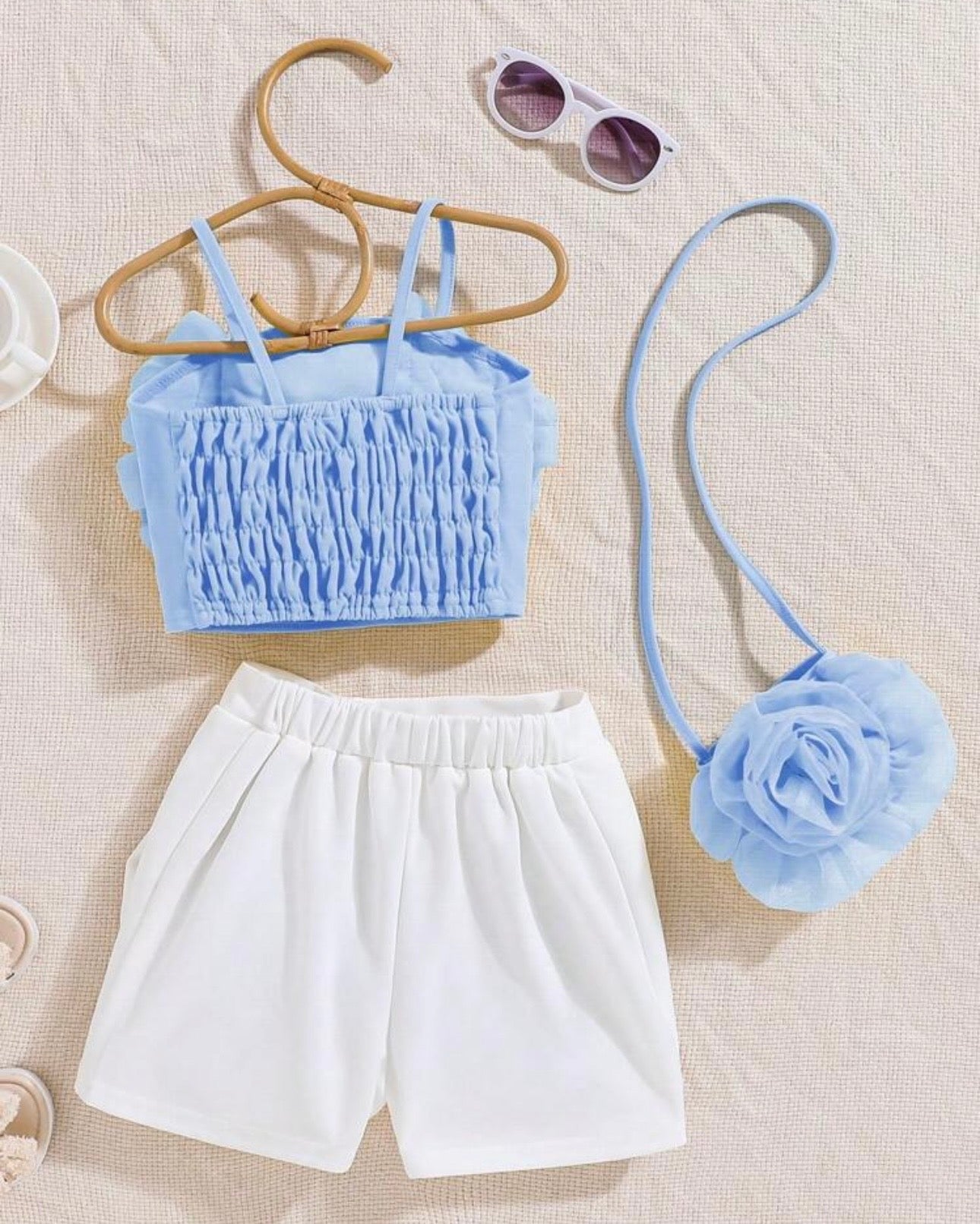 3pc set Baby Blue bow shirt, Shorts and Bag