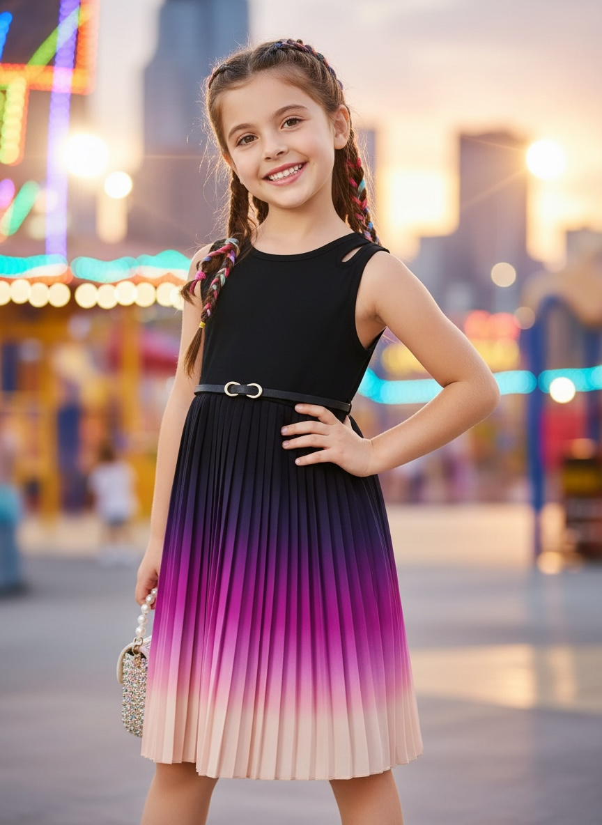 Gradient Colorblock Pleated Hem Sleeveless Dress For Summer Dress
