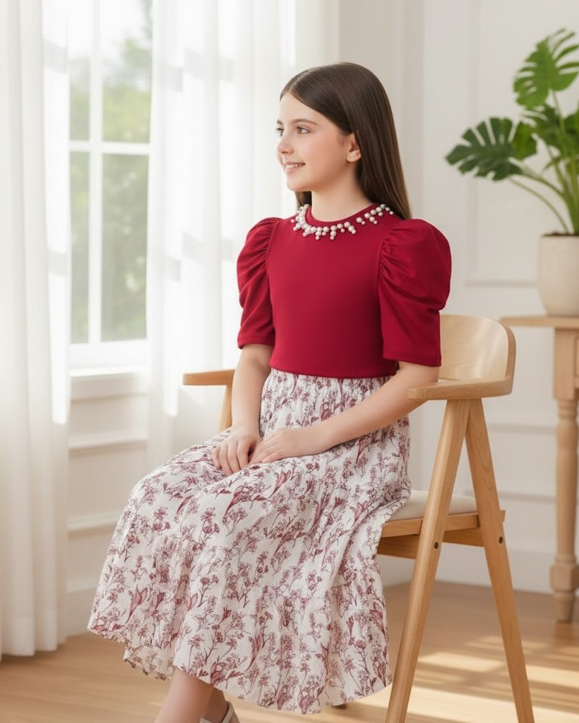 Tween Girl 2Pcs Outfit – Red Faux Pearl Top & Floral Ruffle Skirt Set