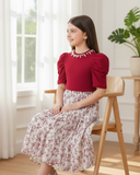 Tween Girl 2Pcs Outfit – Red Faux Pearl Top & Floral Ruffle Skirt Set