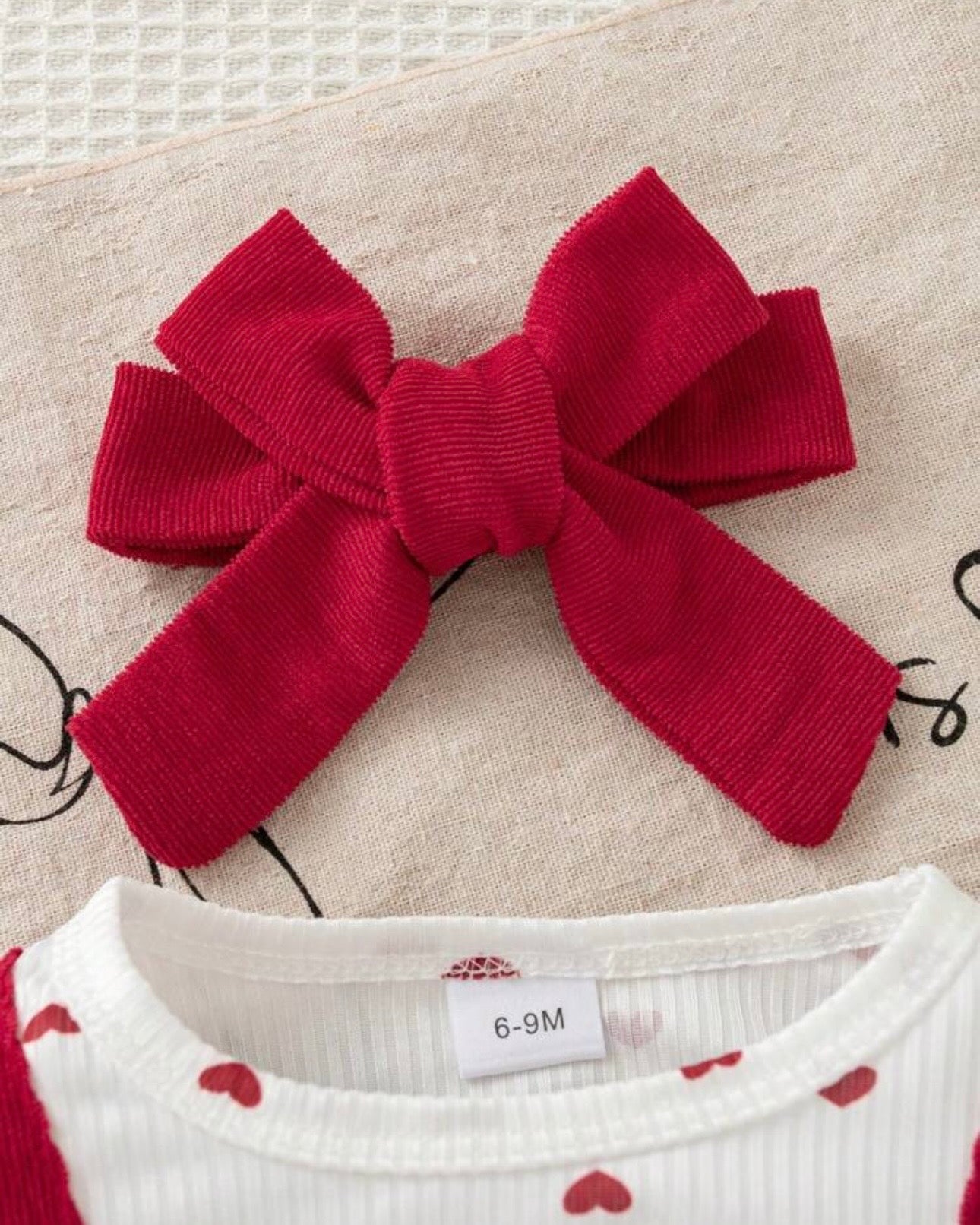 Baby Girl 3D Red Heart Flutter Sleeve Denim Overall Bodysuit + Bow Ruffle Socks