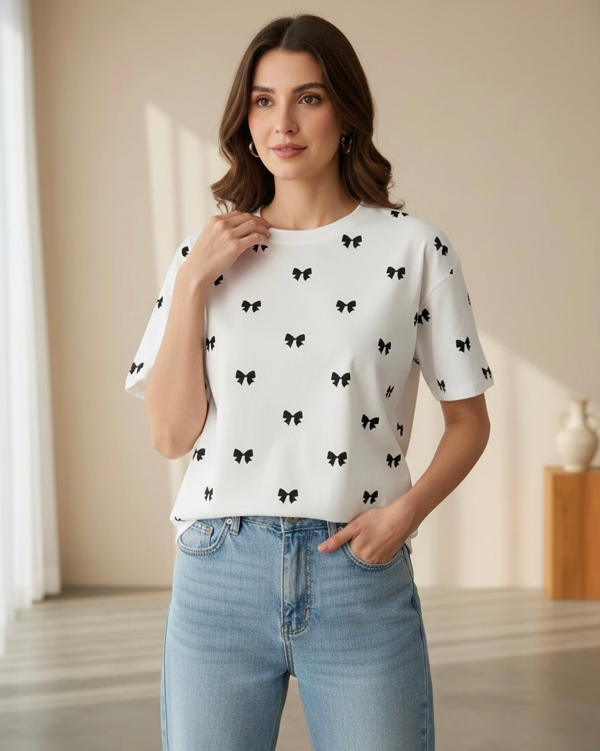 Women's Black Bow Print Half Sleeve T-Shirt