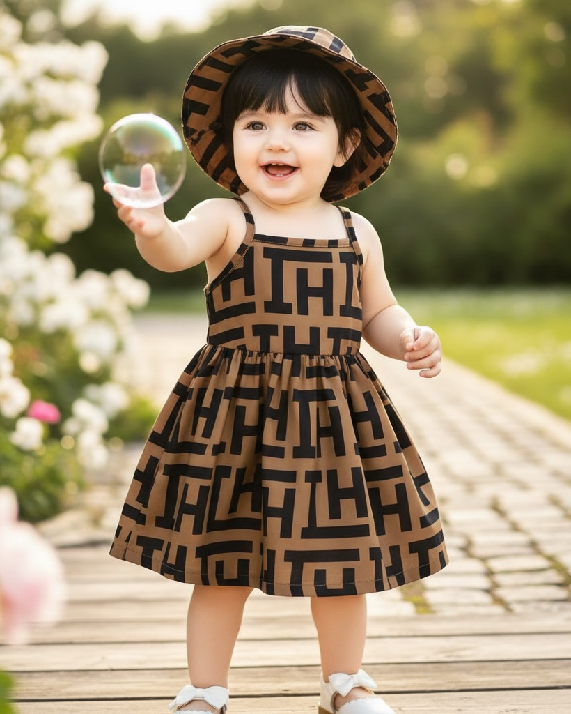 Baby Girl Letter Print Dress With Hat 2-Piece Set