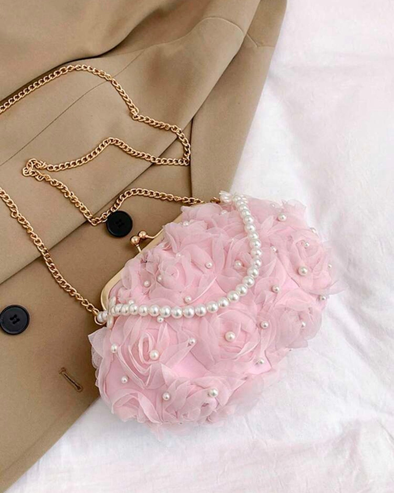 Pink Net Flower & White Pearl Clutch with Pearl Handle