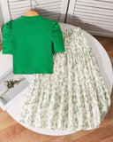 Tween Girl 2Pcs Outfit – Green Faux Pearl Top & Floral Ruffle Skirt Set