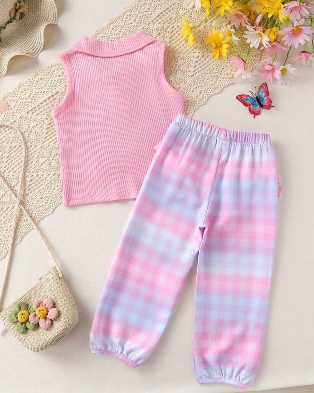 2pcs Girls’ Pink Knit Shirt & Ombre Plaid Pants