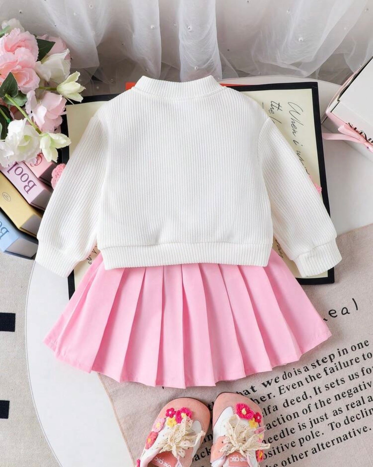 2pcs Baby Girl 3D Bow White Cardigan & Pink Skirt Set