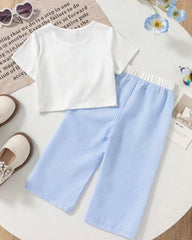 2pcs Baby Girl Sky Blue Striped Bow T-Shirt & Pants Set