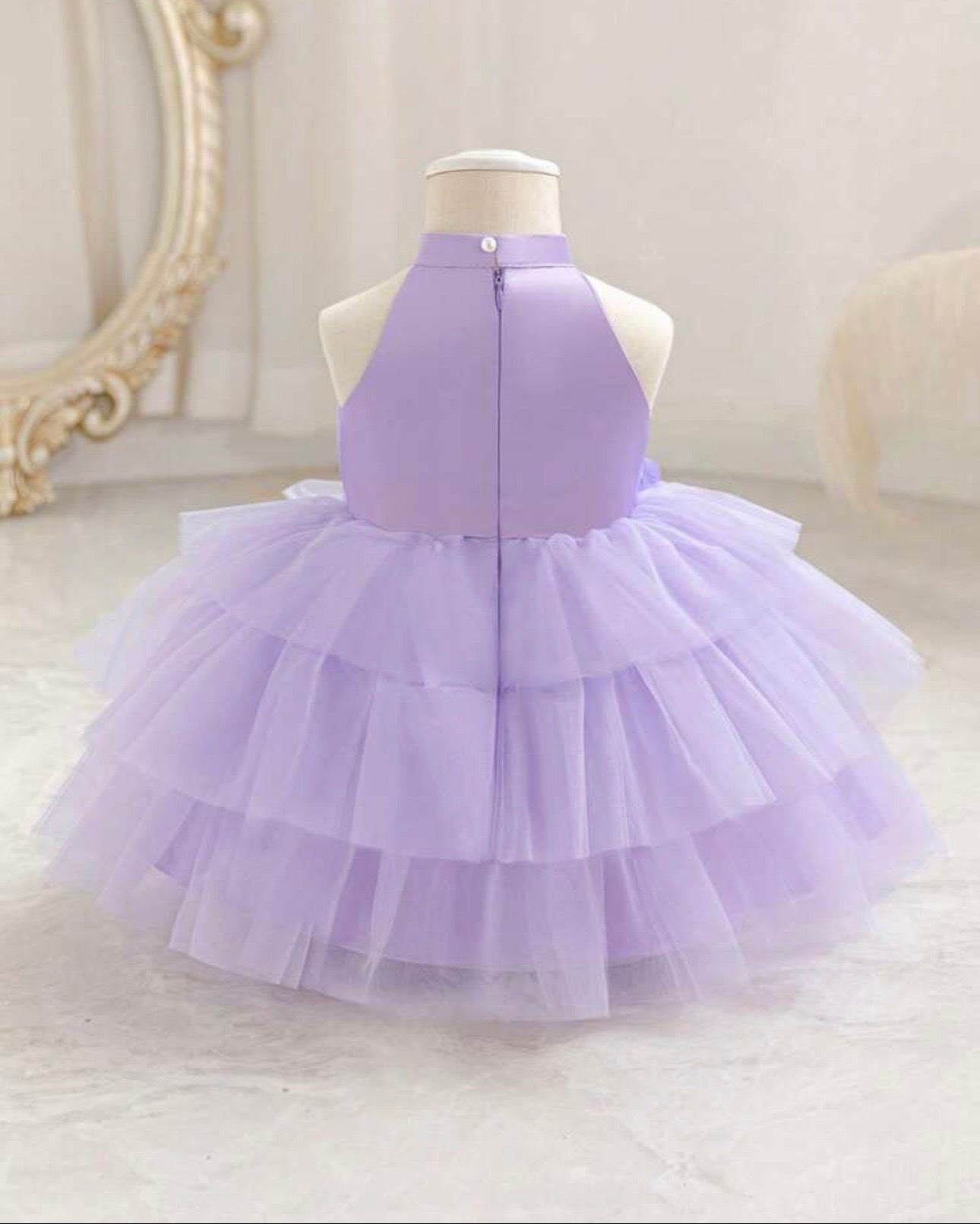 Girls Floral 3D Decor Sleeveless Tulle Purple Dress