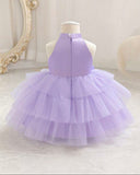 Girls Floral 3D Decor Sleeveless Tulle Purple Dress