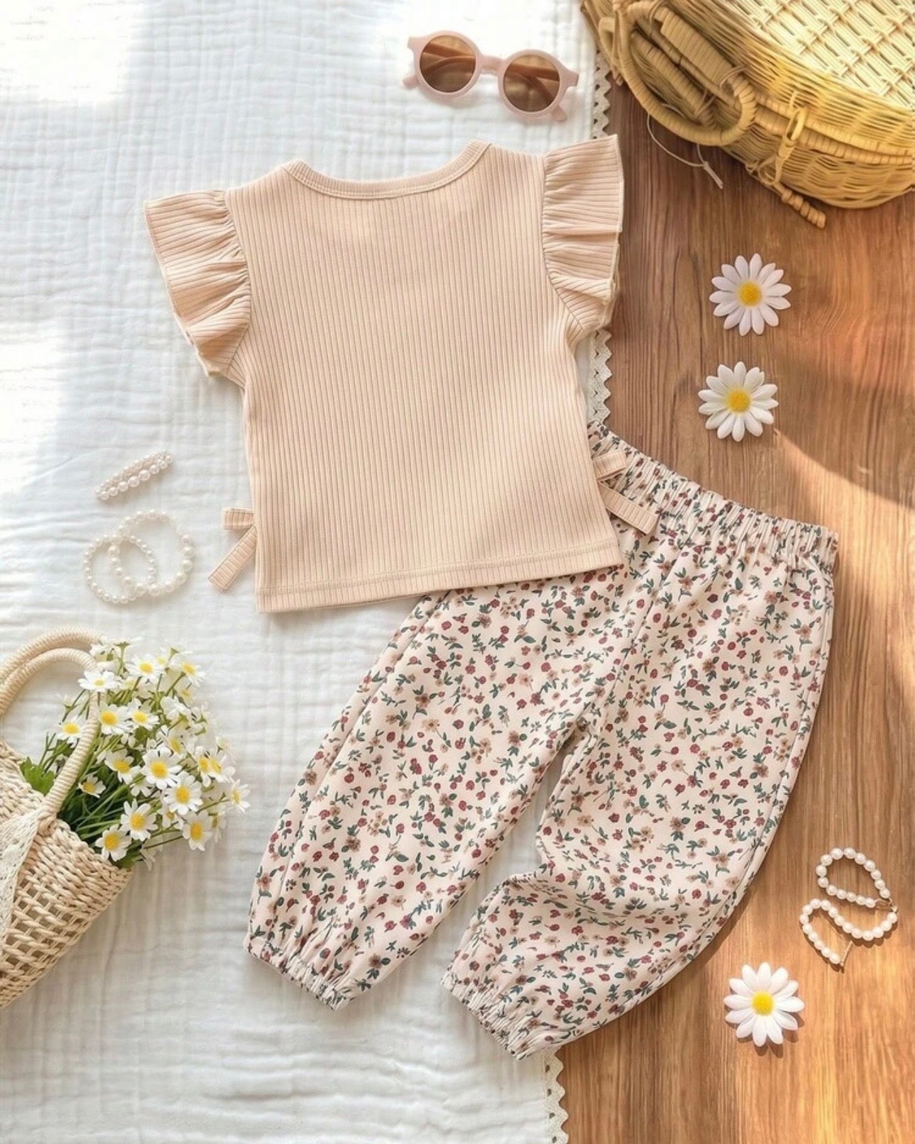 Baby Girls Skin Striped Ruffle Sleeve T-Shirt & Floral Pants Set