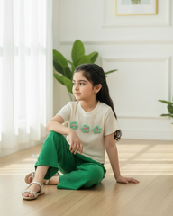 Girls Dark Green and White 3D Floral Textured T-Shirt & Pants Set – 2pcs Casual Outfit