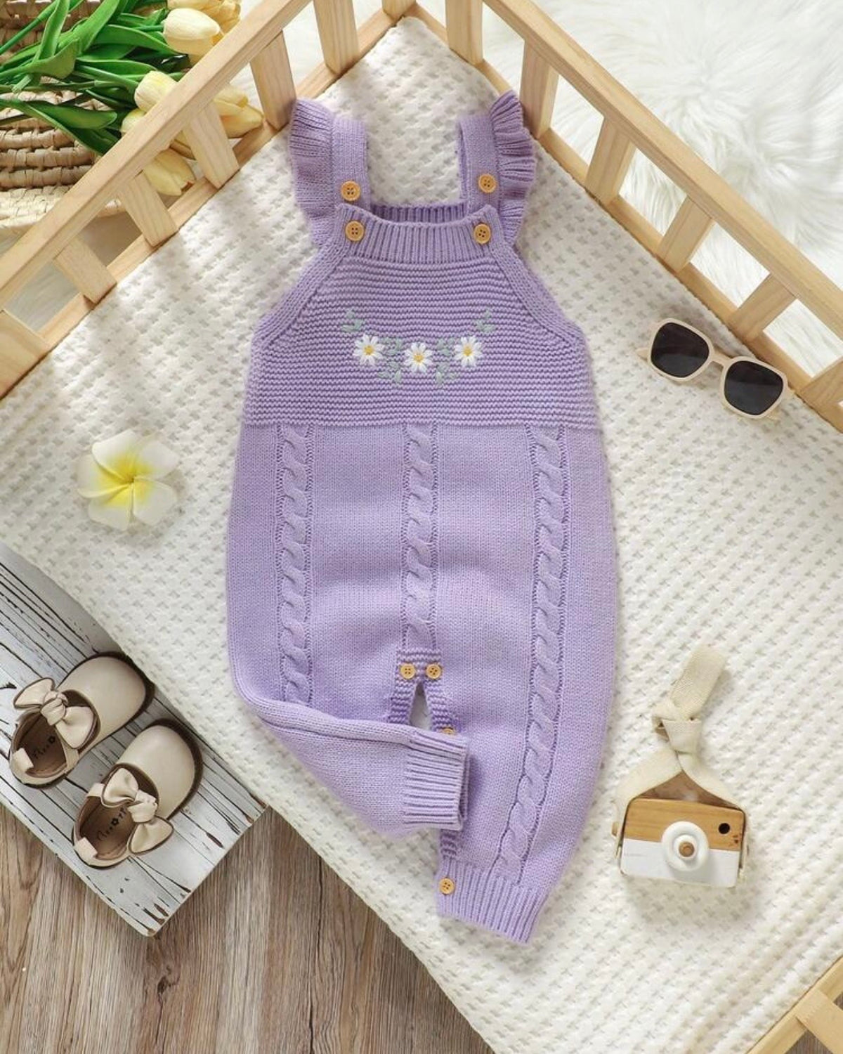 Baby Girl Purple Embroidered Floral Decor Knitted Strap Jumpsuit