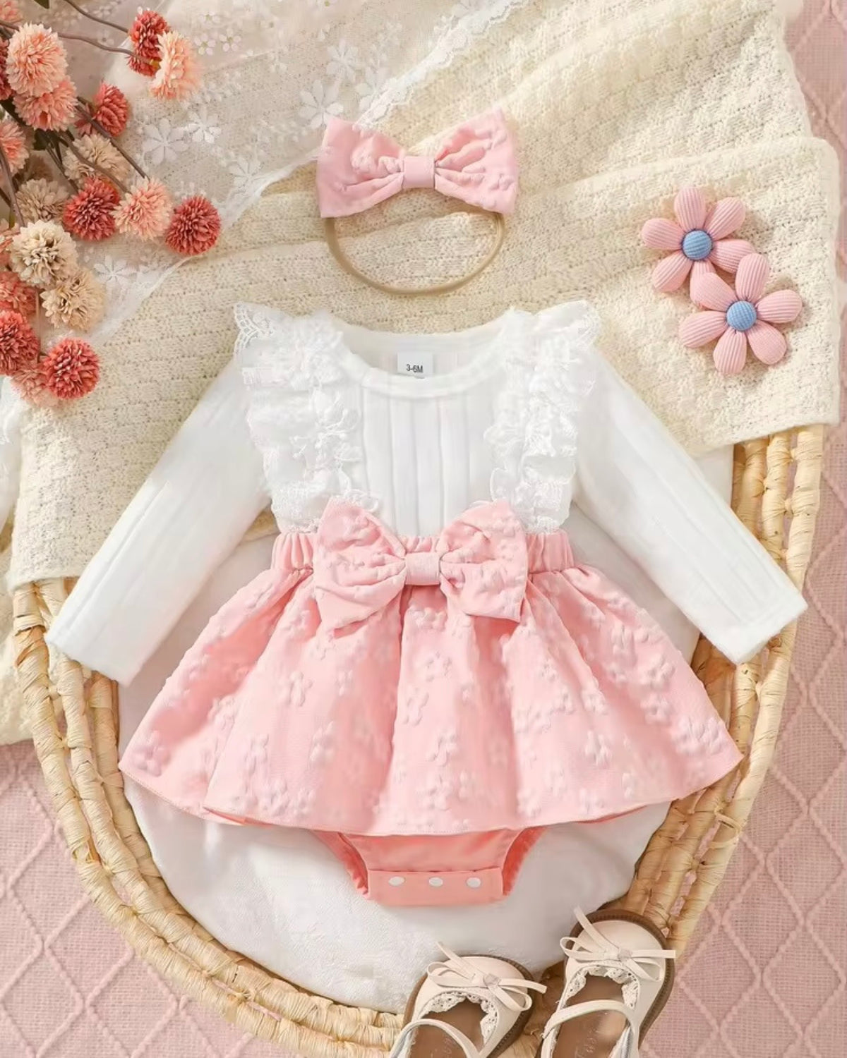 Ribbed Patchwork 3D Bowknot Pink Bodysuit Dress With Headband