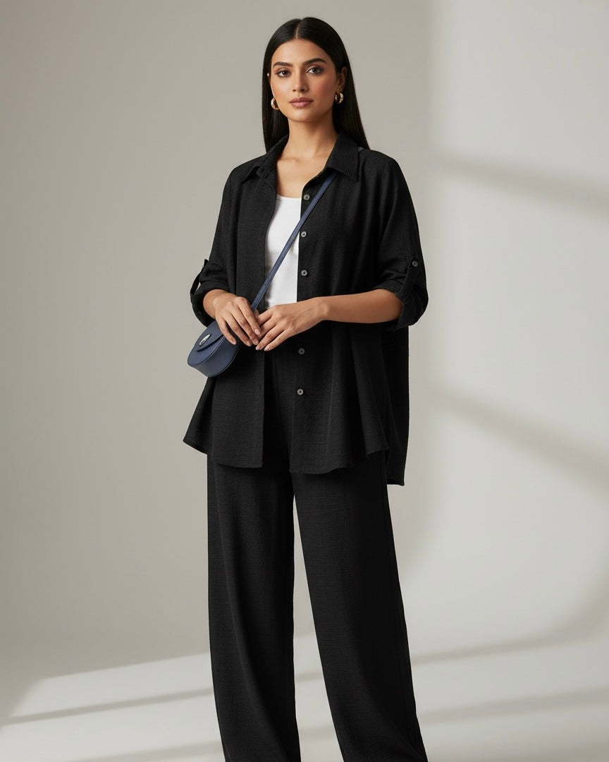 Women’s  2pcs Set – Turndown Collar Shirt & High Waist Wide Leg Pants