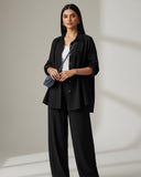 Women’s  2pcs Set – Turndown Collar Shirt & High Waist Wide Leg Pants