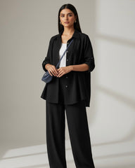 Women’s  2pcs Set – Turndown Collar Shirt & High Waist Wide Leg Pants