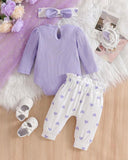 3pcs New Born Mauve Purple Girls Ribbed Romper, Pants and Headband