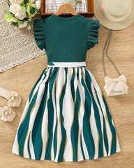Tween Girls Fashionable Geometric Print Ribbed Green Dress