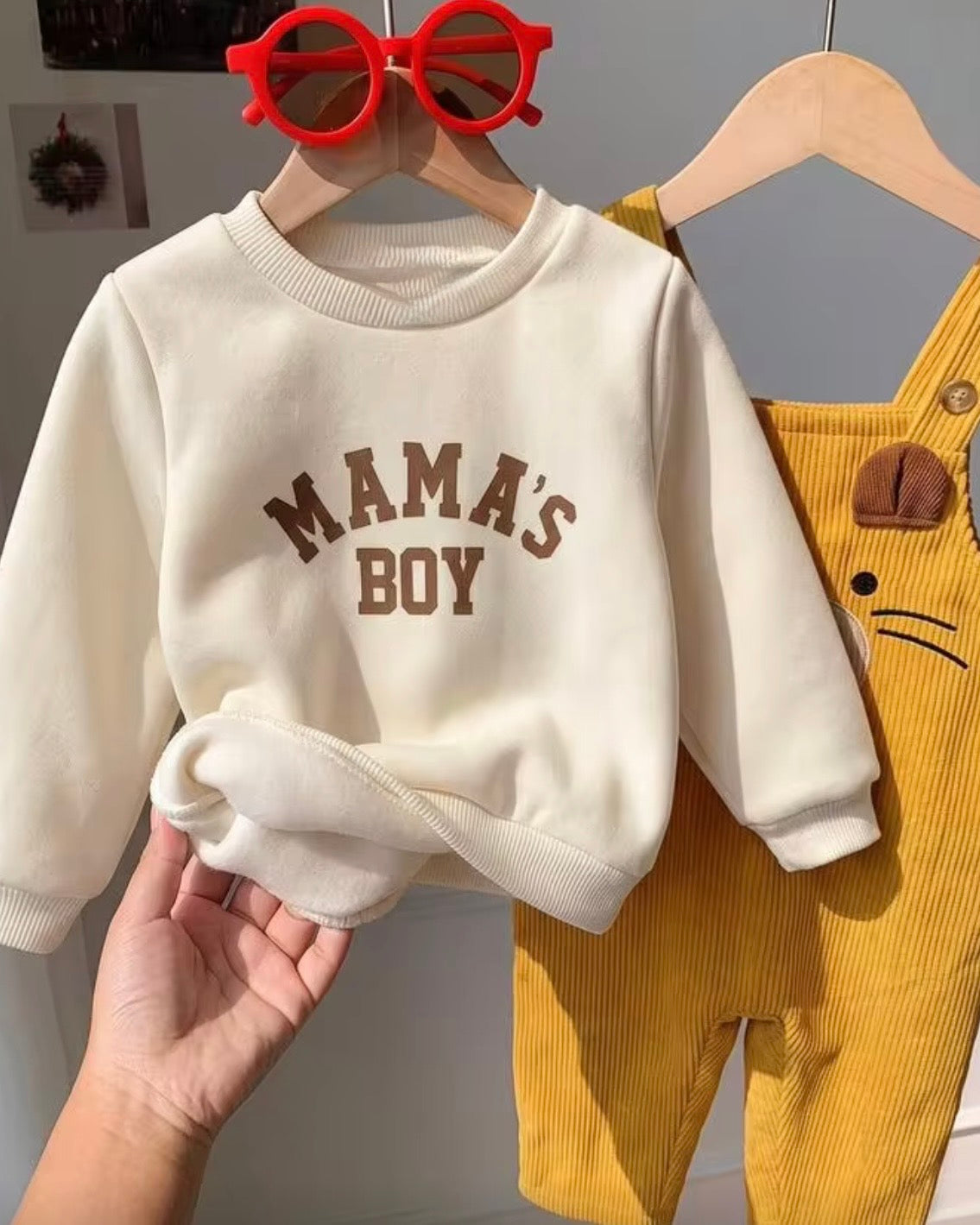Baby Boy Mama’s Boy Knit Sweatshirt & Yellow Plaid Corduroy Overalls
