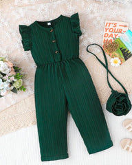 Kids Girls Green Floral Romper Set with Crossbody Bag