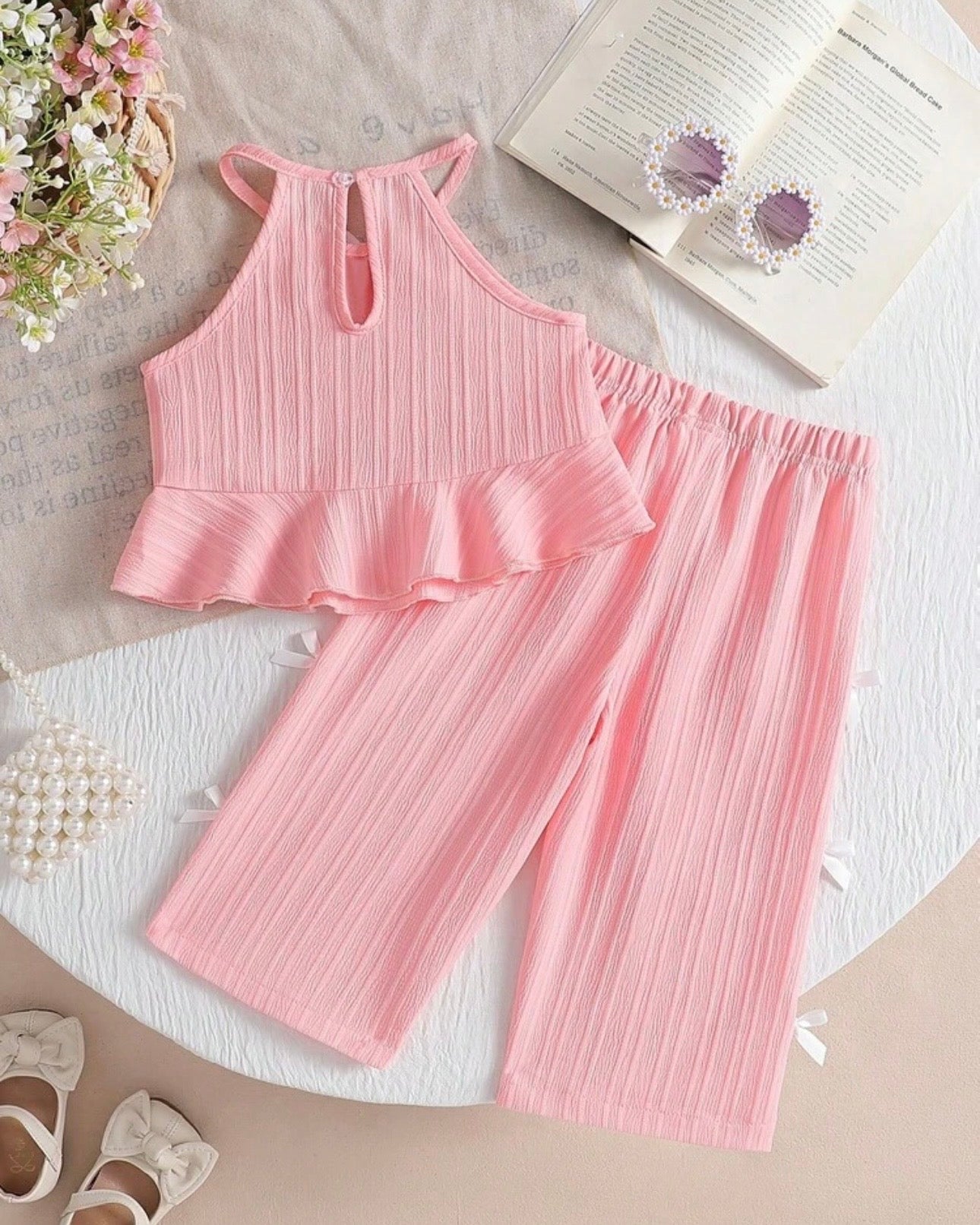2pcs Baby Girls’ Pink colour Spaghetti Strap Camisole Top With 3D Bow Decor Straight Leg Pants Set