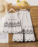 Girls Sleeveless Co-Ord Set – Printed Embroidered Hem Top & Wide-Leg Pants