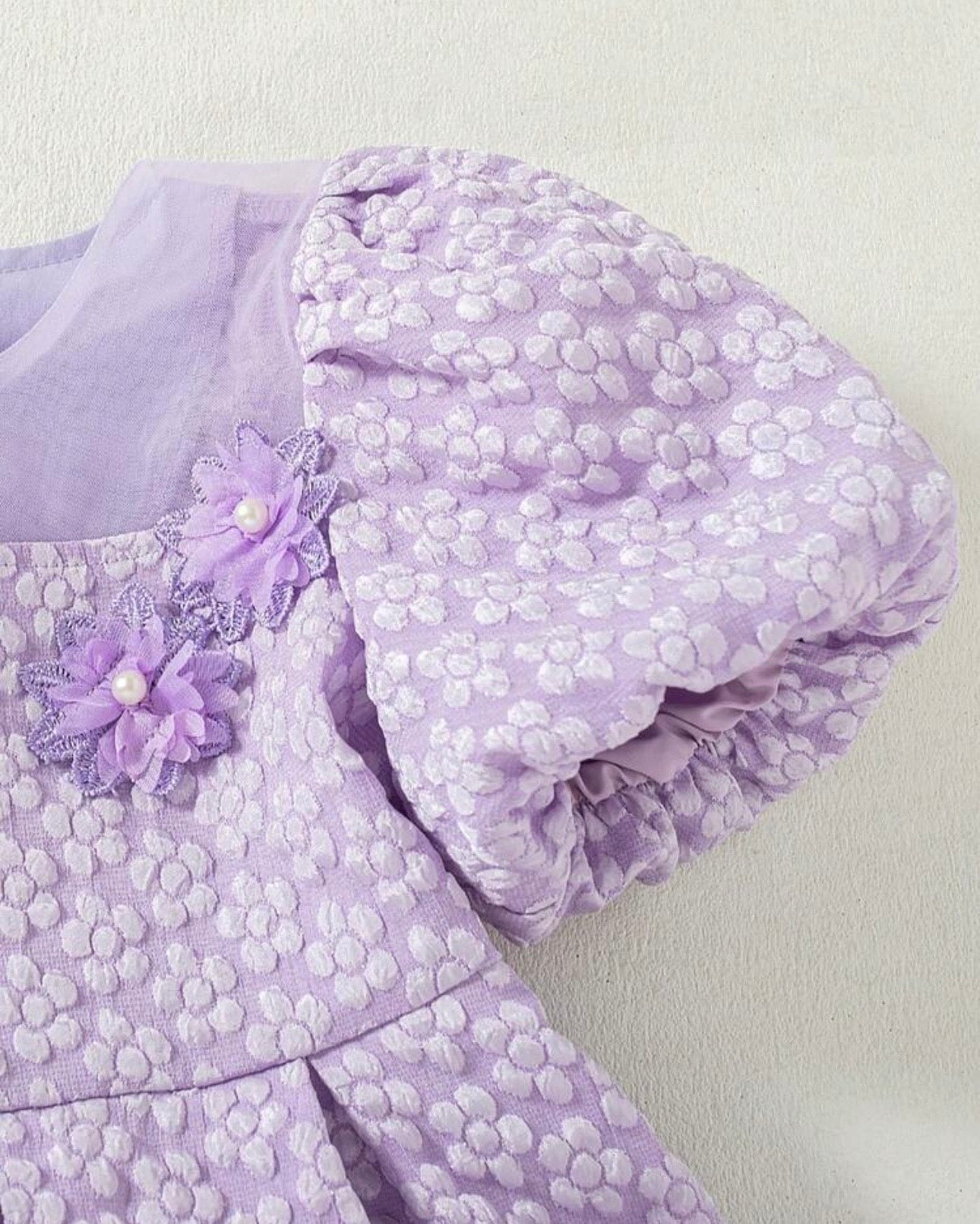 Girls Lilac Chiffon Floral Dress – Puffy Sleeve Princess Party Dress, Elastic Waist Summer Outfit for Kids