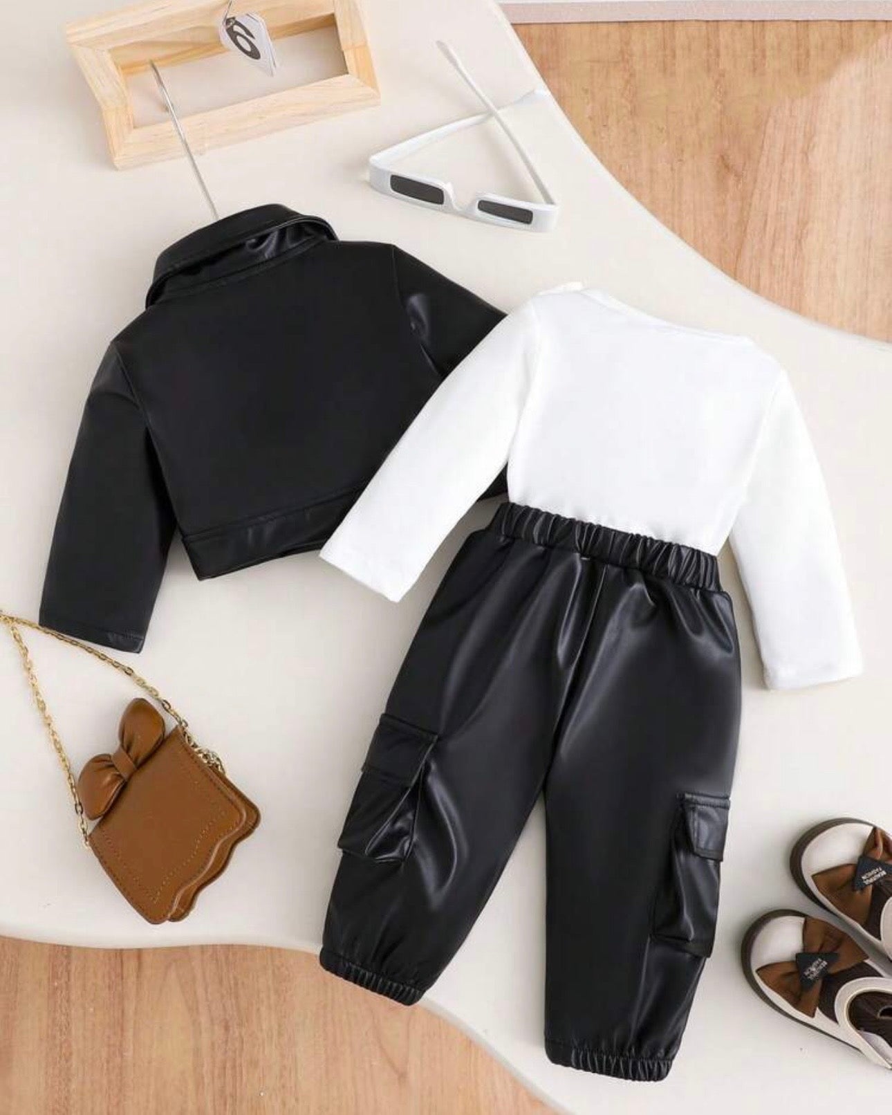 Baby Girl 3-Piece Black & White Grunge Outfit Set – Graphic Jacket, Top & Pants