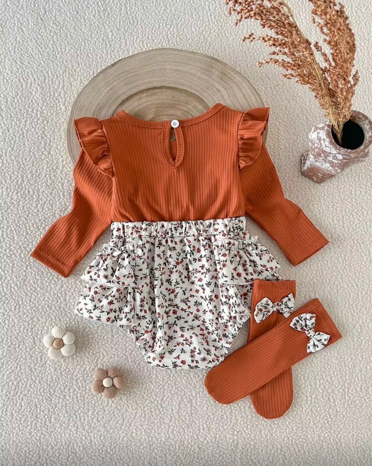 2-Piece Baby Girls’ Rust Brown Floral Romper & Socks Set