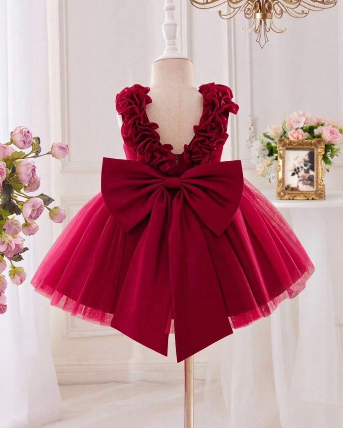 Baby Girls Red Satin & Mesh Princess Dress With 3D Flowers