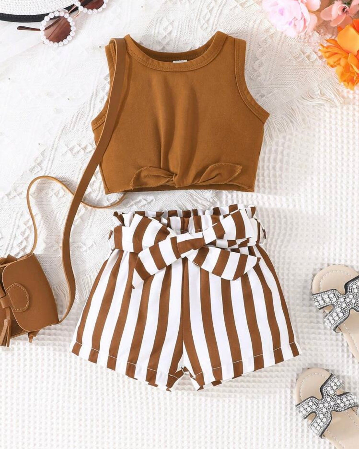2pc Brown Baby Girl Summer Knot Hem Tank Top & Striped Belted Shorts Set