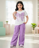 Tween Girls Purple Bow Embroidery T-Shirt & Cargo Pants Set
