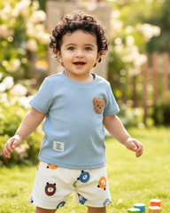 Baby Boy Bear Sky Blue Ribbed Summer Set