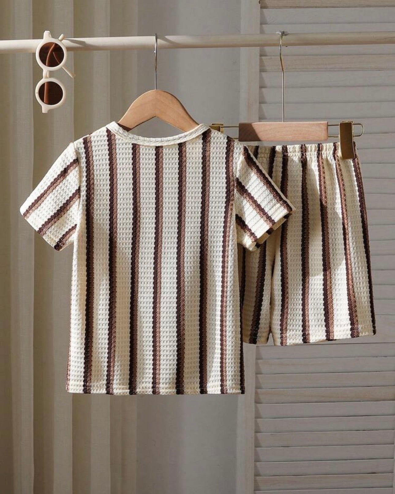 Boys Brown Waffle Stripe 2pcs Summer Set – T-Shirt & Shorts
