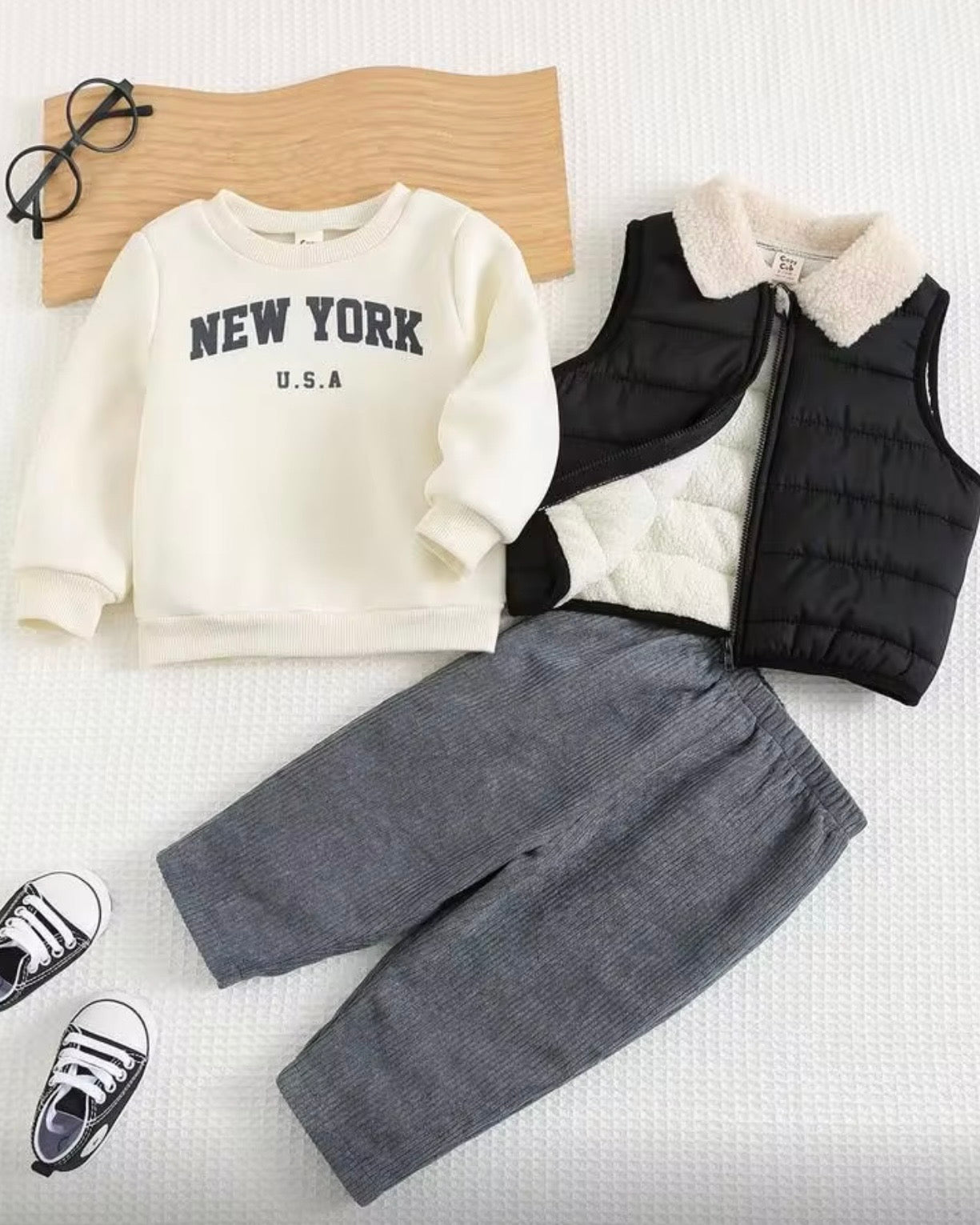 Baby Boy Sweatshirt, fleece-lined Pajts, and Grey vest jacket