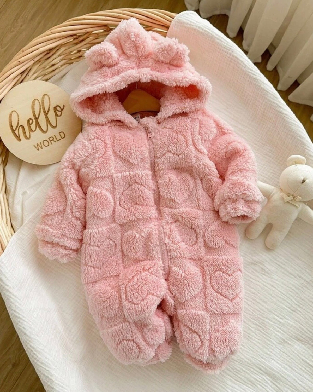 Baby Girl Winter 3D Pink Fluffy Heart Pattern Zipper Hooded Romper