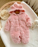 Baby Girl Winter 3D Pink Fluffy Heart Pattern Zipper Hooded Romper