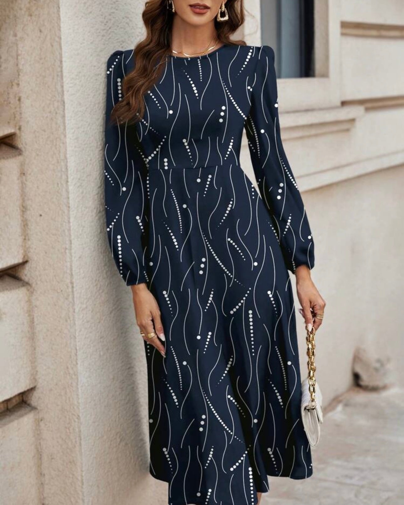 Casual Striped & Dot Pattern Round Neck Long Sleeve Dress, Suitable For Spring & Summer