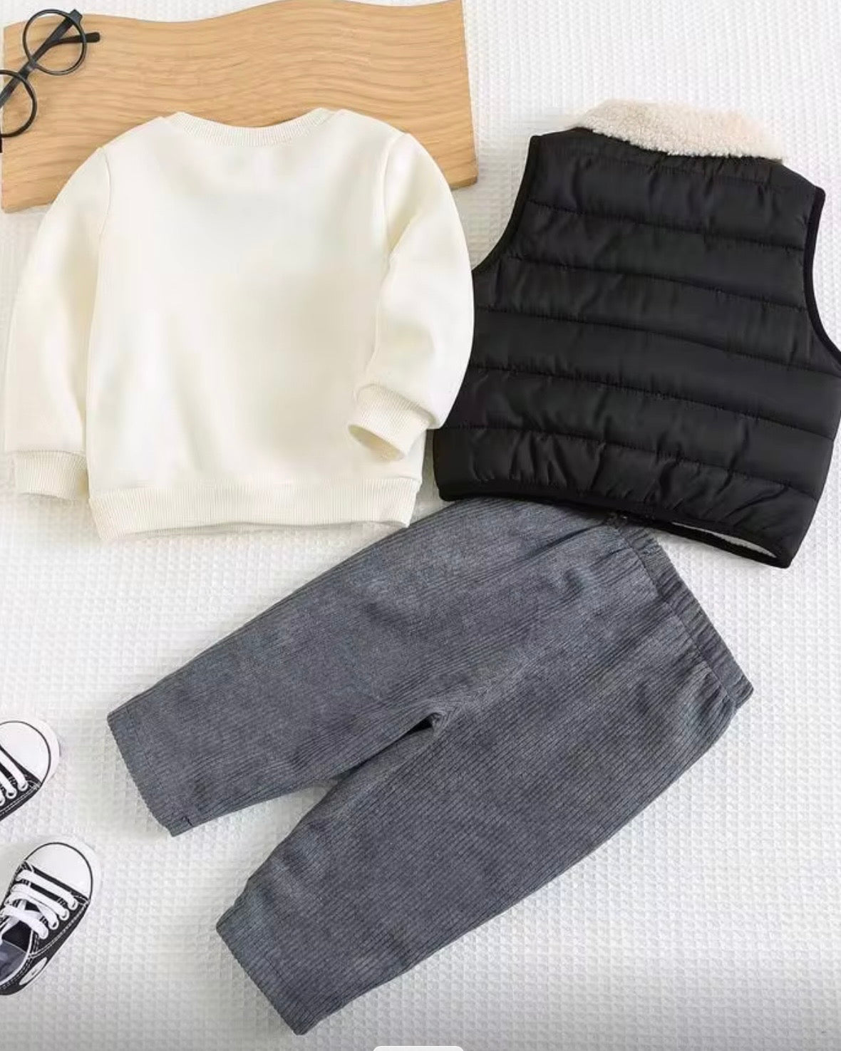 Baby Boy Sweatshirt, fleece-lined Pajts, and Grey vest jacket