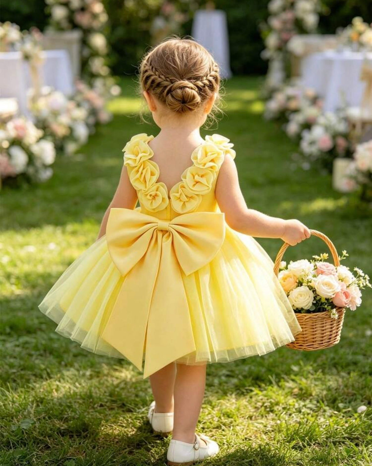 Baby Girls Yellow Satin & Mesh Princess Dress with 3D Flowers
