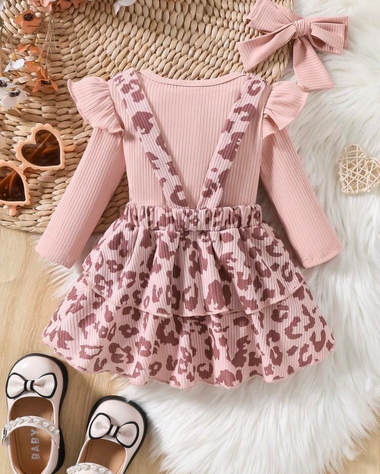 Baby Girl Pink Leopard Print Strap Dress Ribbed, Long Sleeve Bodysuit With Headband