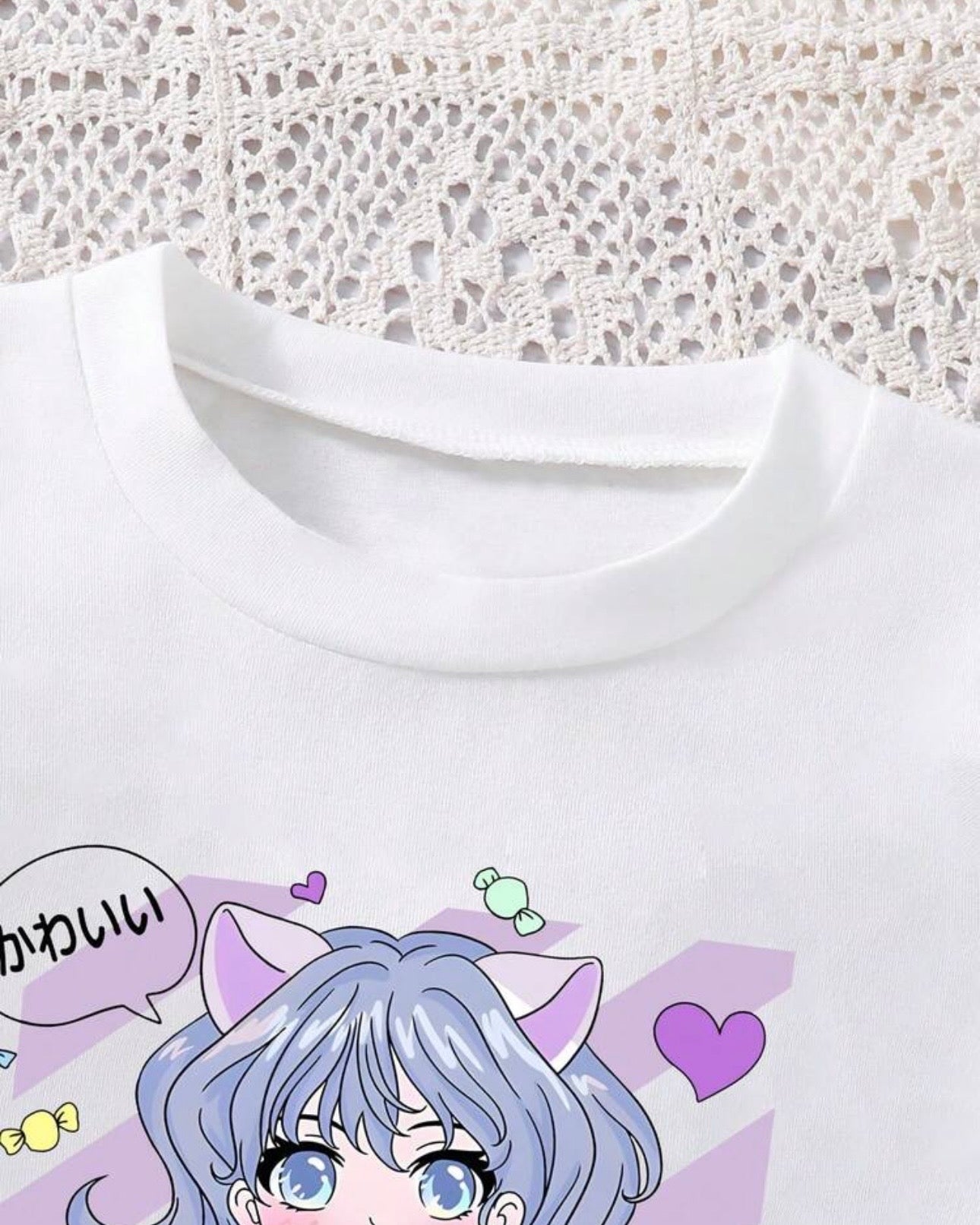 Cartoon Printed Purple Short Sleeve T-Shirt And Elastic Waist Skirt