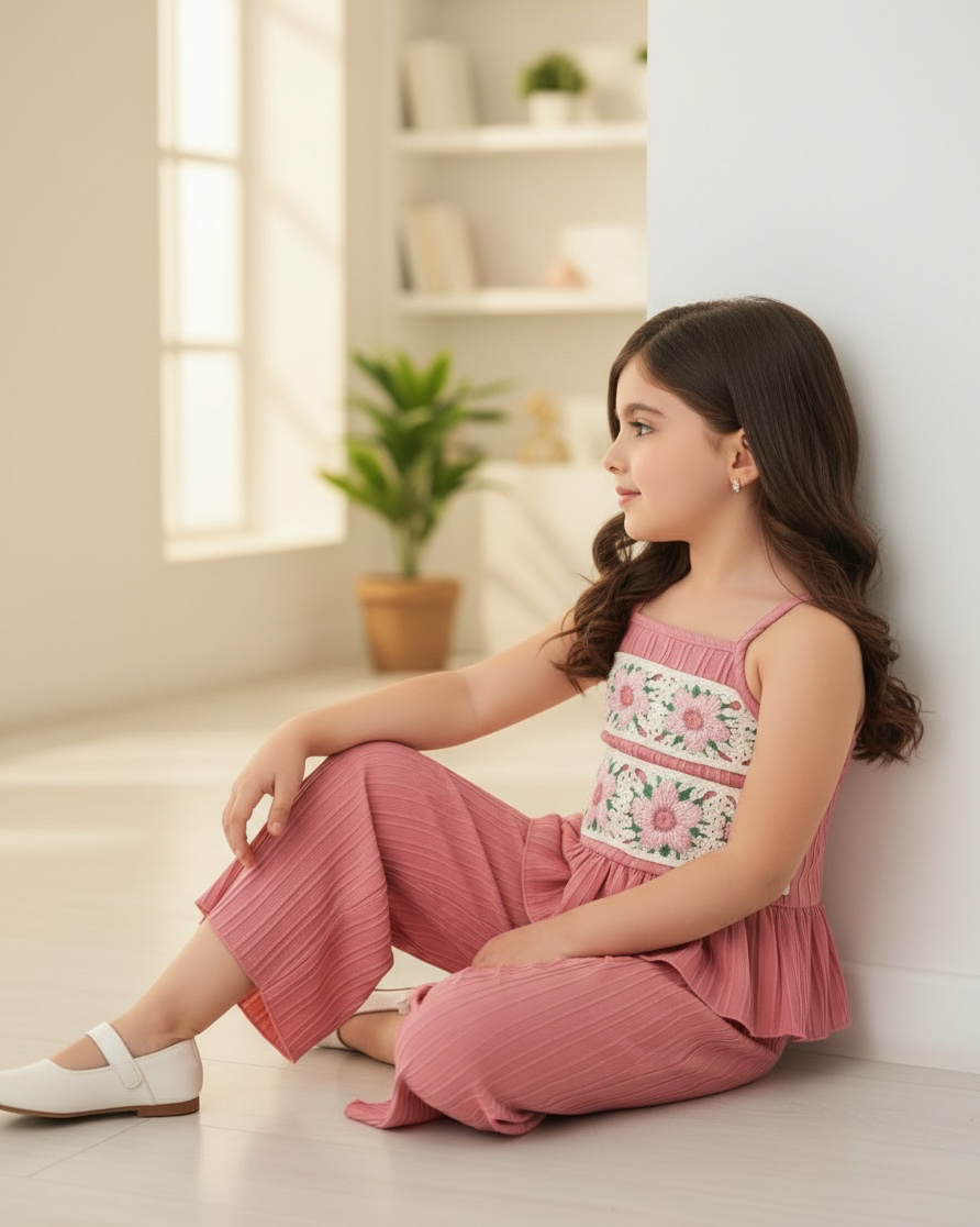 Girls 2PCS Pink Crochet Lace Camisole & Wide-Leg Pants Set