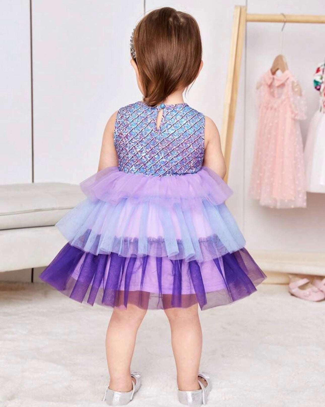 Baby Girl  Mermaid Scale Patterned Multi Layer Mesh Ombre Dress